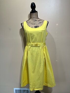 Sleeveless Bright Yellow Polka Dot Fit-and-Flare Dress with Belt